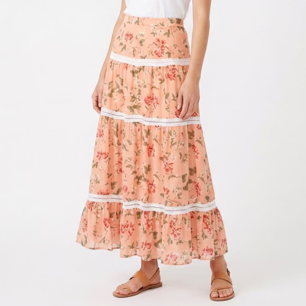 Endless Rose Peach Floral Tiered Midi Skirt Lace Trim Button Front Womens Size S