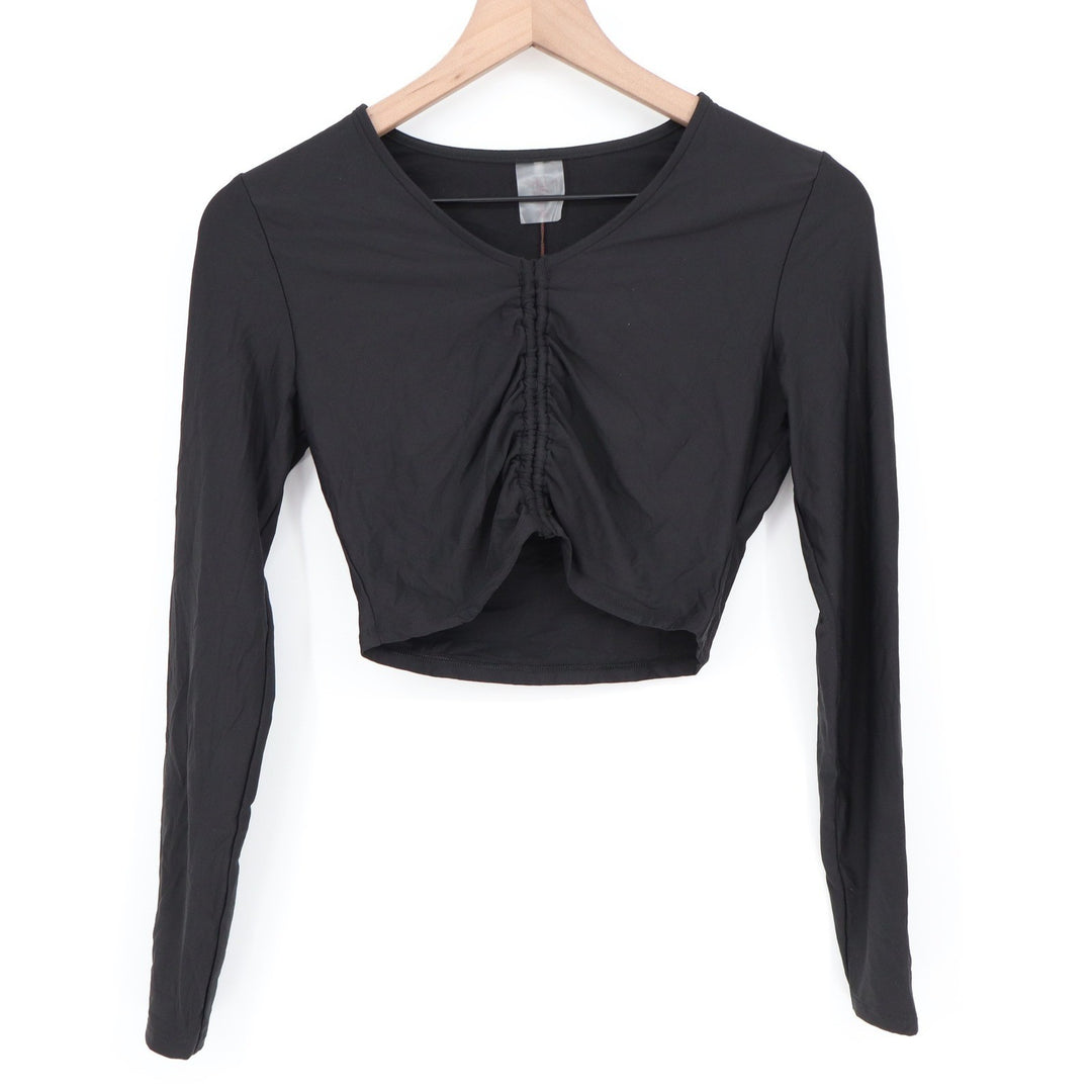 Calia Womens LS Ruched Rashguard Pure Black UPF 50+ Cropped Swim Top XS