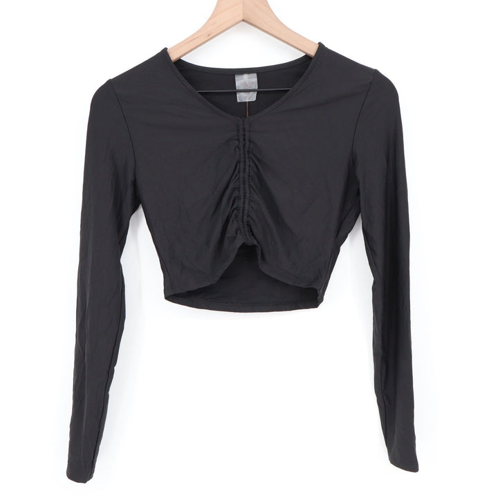 Calia Womens LS Ruched Rashguard Pure Black UPF 50+ Cropped Swim Top XS
