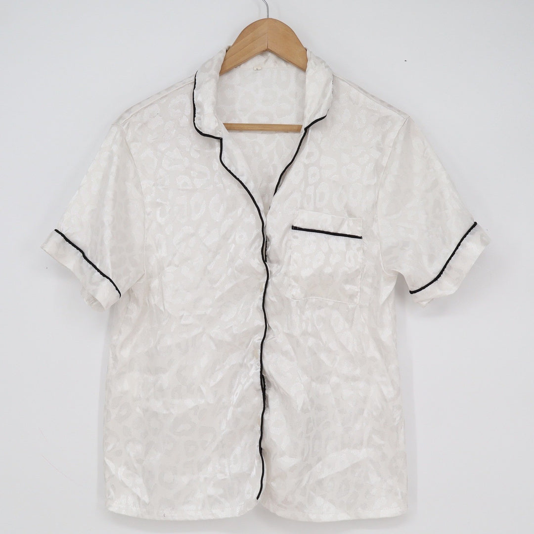 White Leopard Jacquard Satin Pajama Top Short Sleeve Black Piping Small