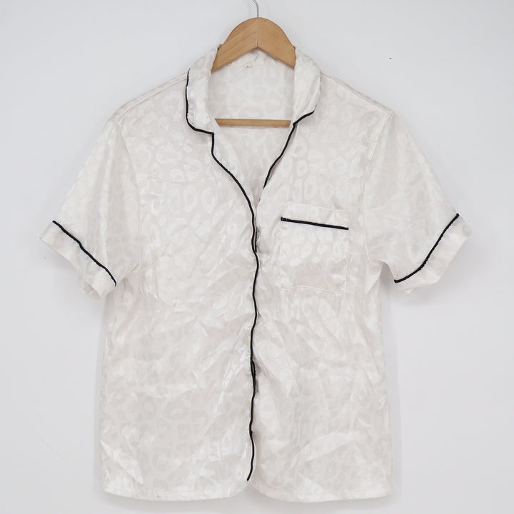 White Leopard Jacquard Satin Pajama Top Short Sleeve Black Piping Small