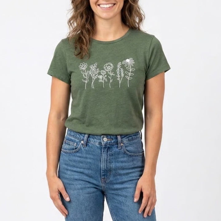 SHEIN Womens Small Green Wildflower Graphic Tee Short Sleeve Cotton Blend Shirt