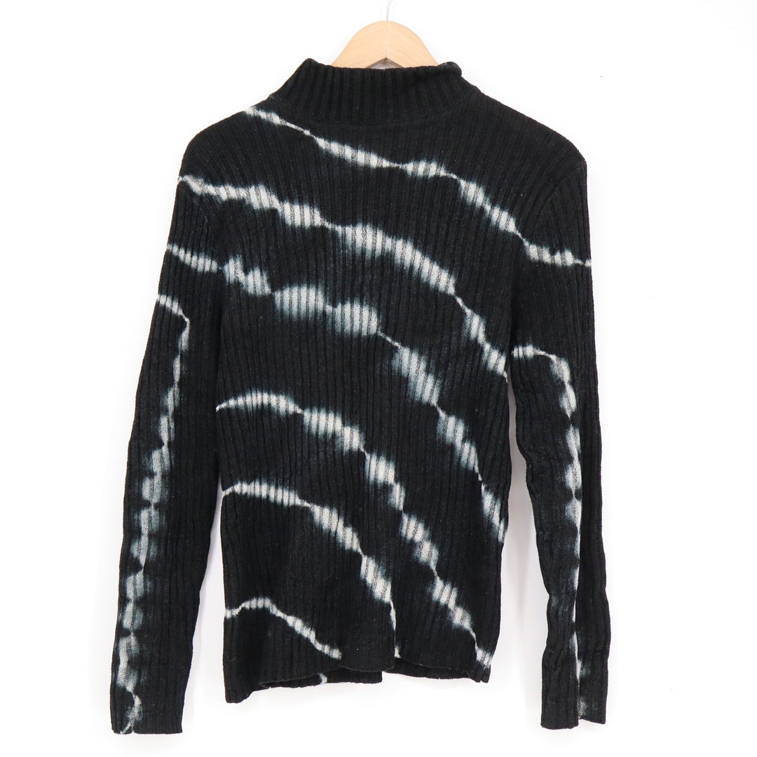 Black Tie Dye Striped Ribbed Mock Neck Sweater Long Sleeve Grunge Alt Top