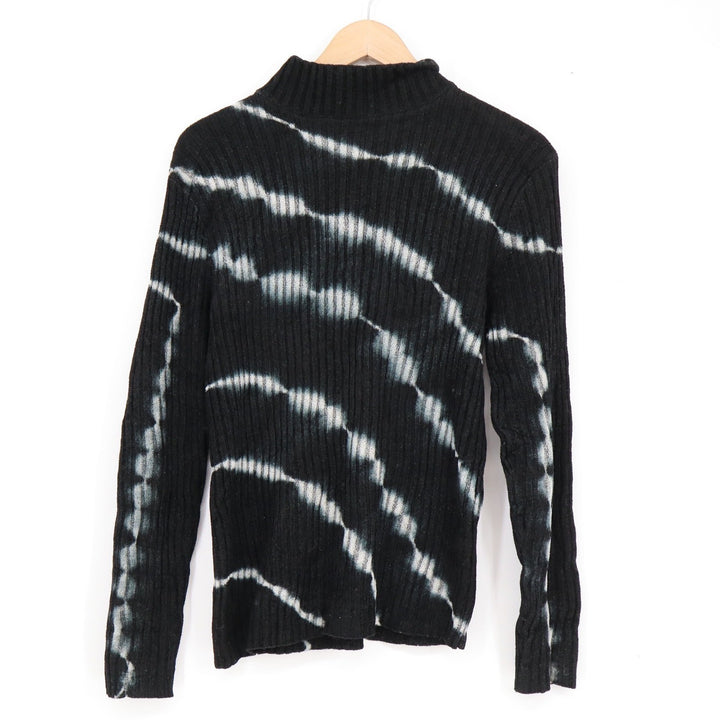 Black Tie Dye Striped Ribbed Mock Neck Sweater Long Sleeve Grunge Alt Top