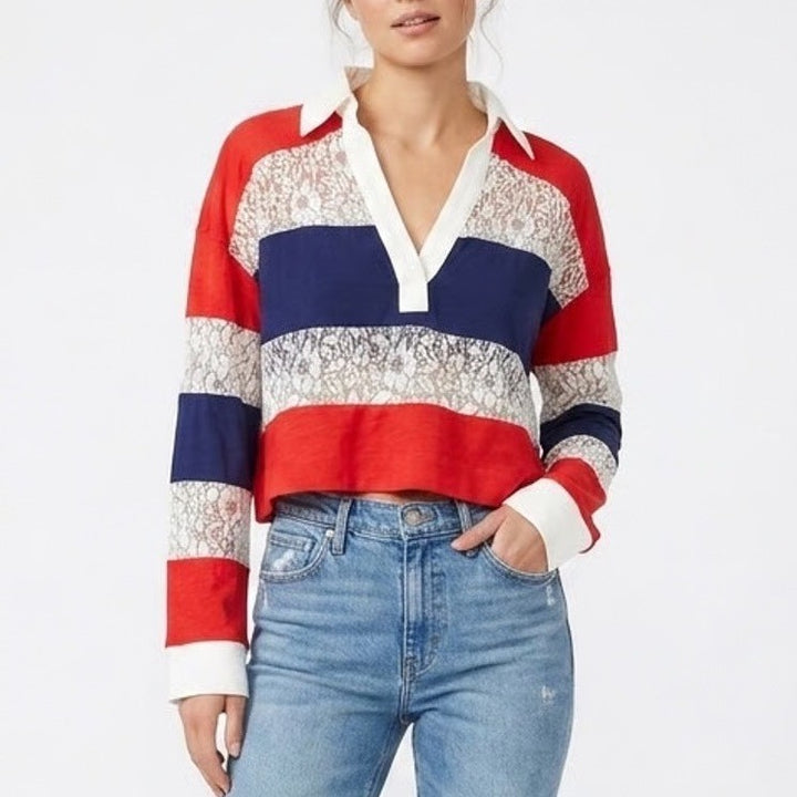 Maeve Paneled Rugby Top Womens Medium Multi Sheer Lace Long Sleeve Spread Collar