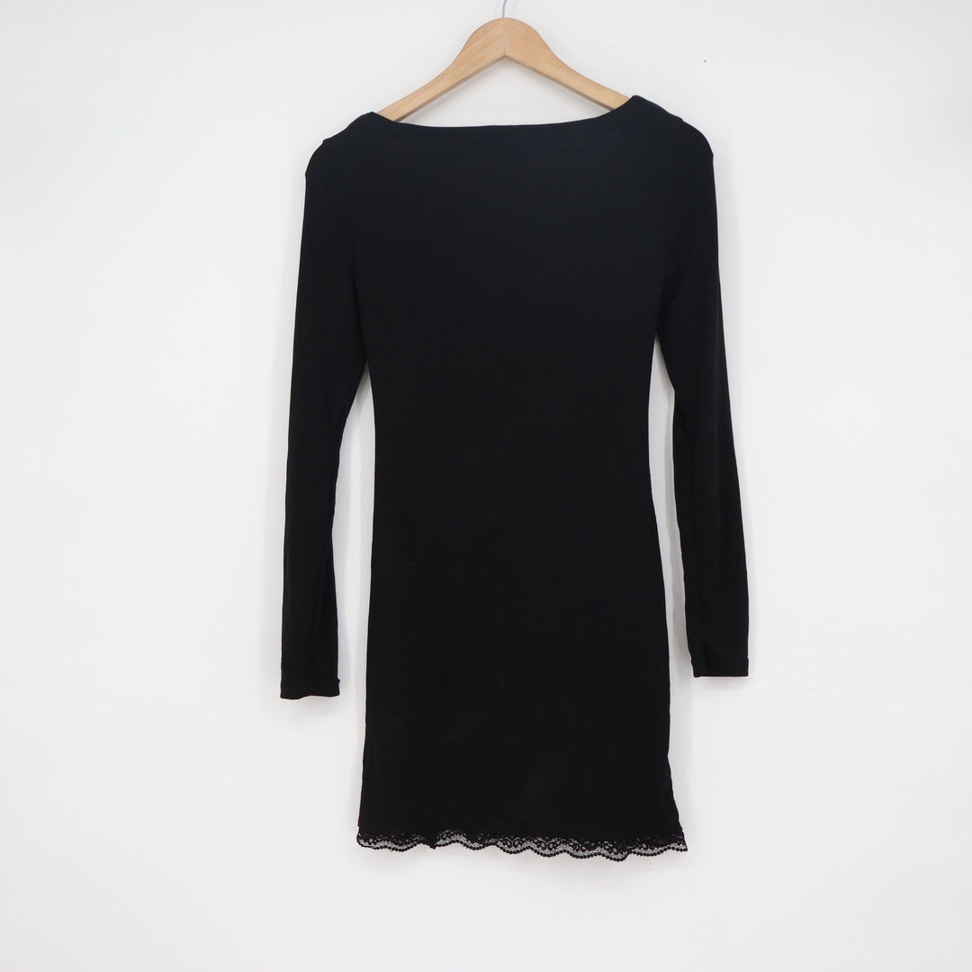 Black Sweetheart Lace Trim Long Sleeve Mini Bodycon Dress Size M Side Slit
