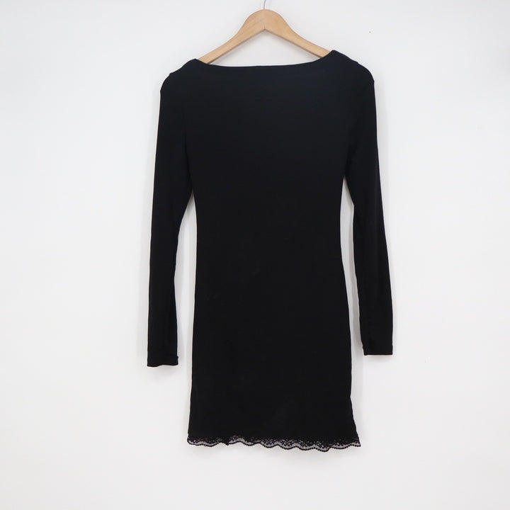 Black Sweetheart Lace Trim Long Sleeve Mini Bodycon Dress Size M Side Slit