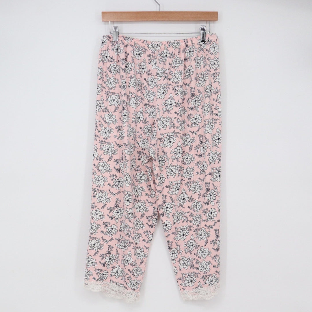 Rene Rofe Pajama Set Womens L Capri Pink Floral Lace Trim Sleepwear Excellent