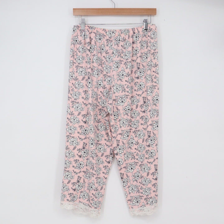 Rene Rofe Pajama Set Womens L Capri Pink Floral Lace Trim Sleepwear Excellent