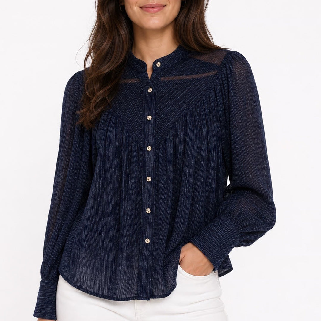 Olivaceous Navy Blue Metallic Pleated Mock Neck Blouse Rose Buttons S