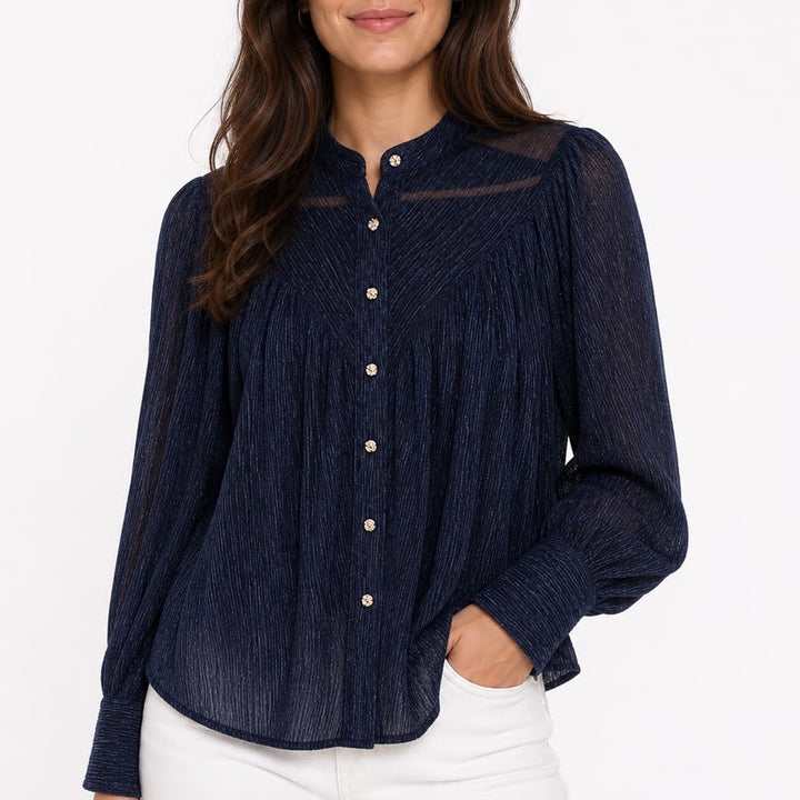 Olivaceous Navy Blue Metallic Pleated Mock Neck Blouse Rose Buttons S