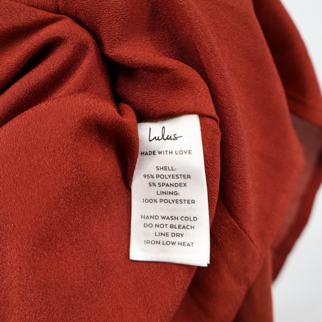Lulus Purely Elegant Maxi Dress Womens Medium Rust Brown Satin Twist-Back Lined