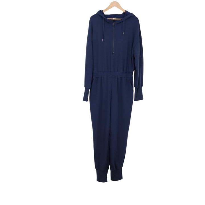ANRABESS Jumpsuit Womens L 1/4 Zip Hooded Navy Blue Jogger Athleisure Excellent