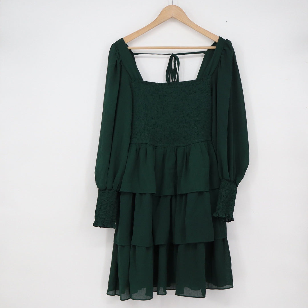 Shein Dark Green Smocked Tiered Ruffle Long Sleeve Mini Dress XL