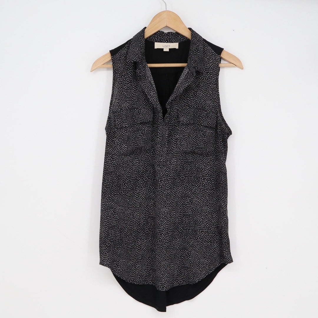 Ann Taylor LOFT Womens Medium Black White Micro Print Mixed Media Sleeveless Top
