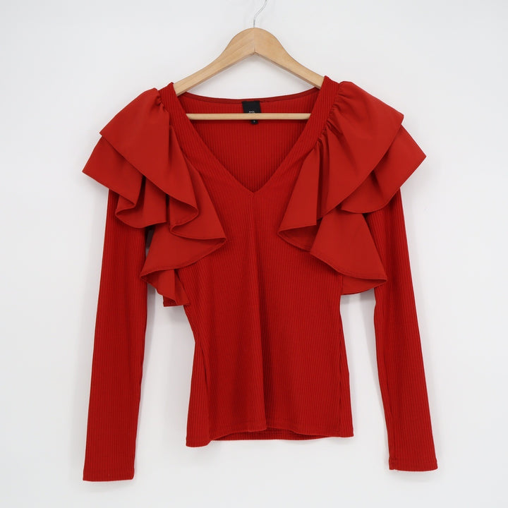River Island Red Ruffle Shoulder V-Neck Ribbed Long Sleeve Top Size UK 6 US 2
