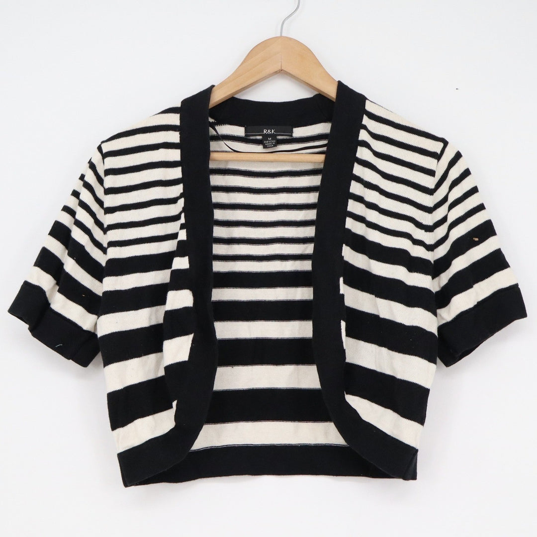 R&K Black White Striped Cropped Cardigan Short Sleeve Cotton Knit Sweater M