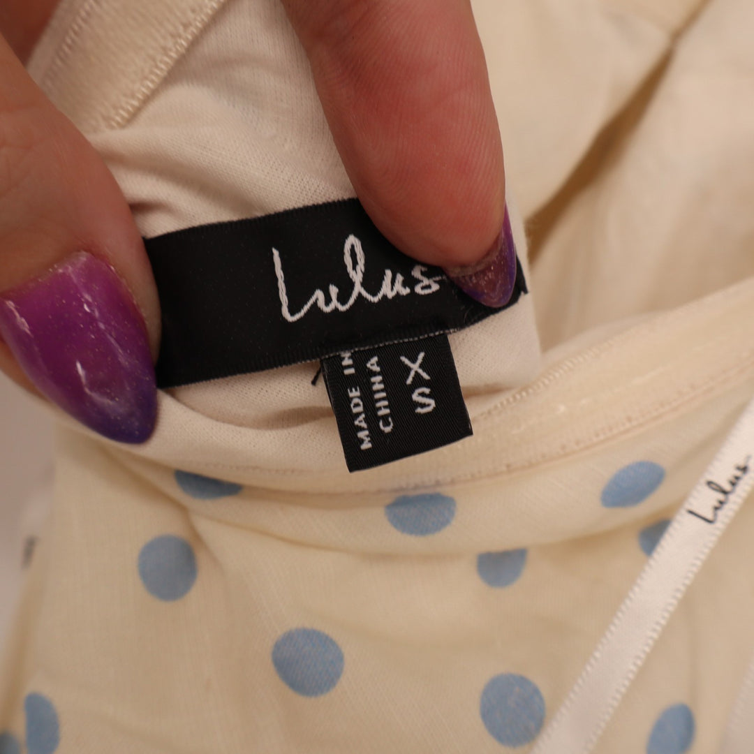 Lulus Meara Maxi Dress Womens XS Cream Blue Polka Dot Halter Neck Open Back