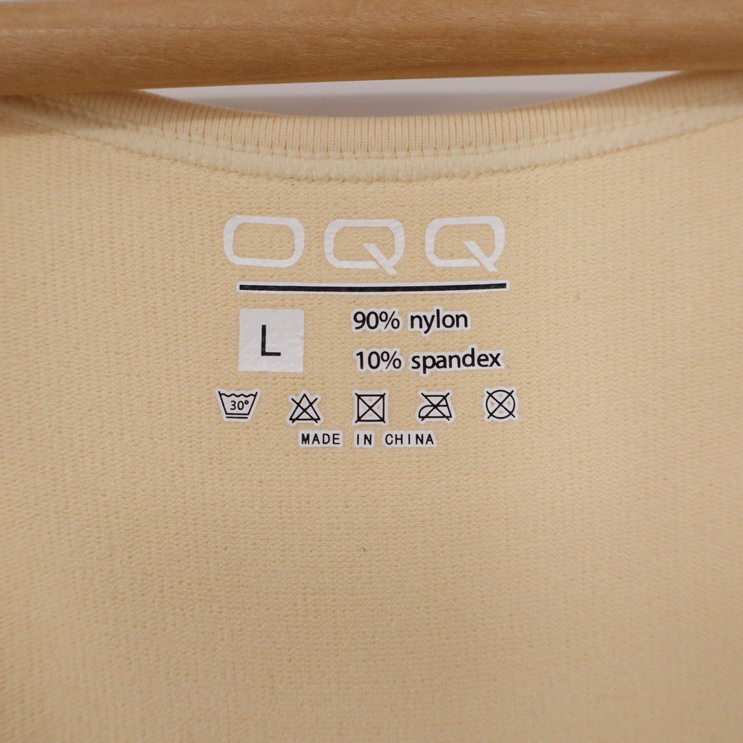 OQQ Women's Square Neck Ruched Bodysuit Sheer Long Sleeve Pale Yellow Size L