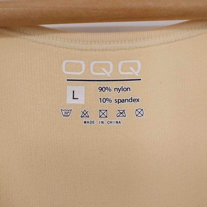 OQQ Women's Square Neck Ruched Bodysuit Sheer Long Sleeve Pale Yellow Size L
