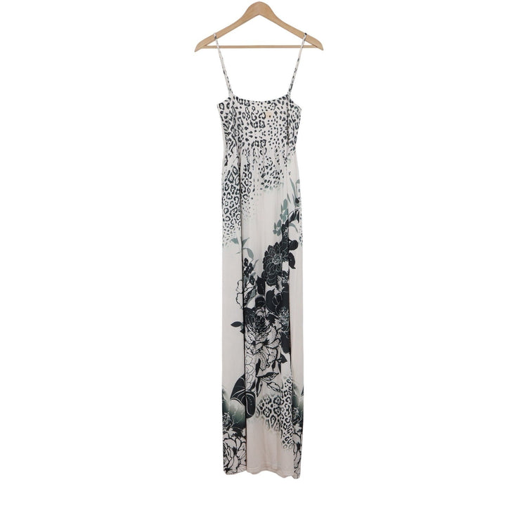 Ocean Blue Leopard Floral Maxi Dress XL White Black Smocked Spaghetti Strap