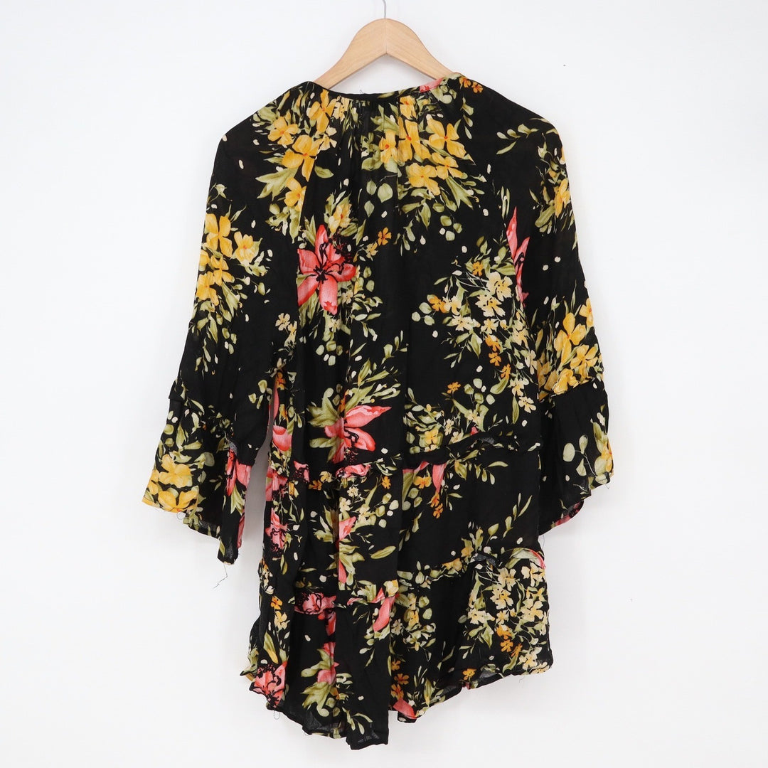 Rachel Zoe Tunic Women M Floral Black Bell Sleeve Tiered Boho Good