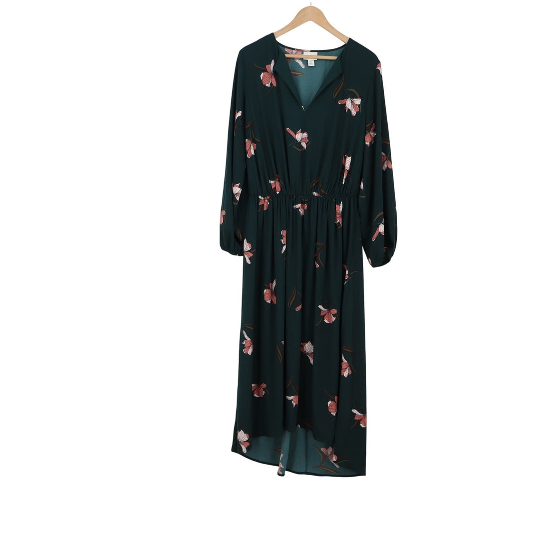 Ava & Viv Dress Womens 1X Floral Long Sleeve Dark Green V-Neck Midi Excellent
