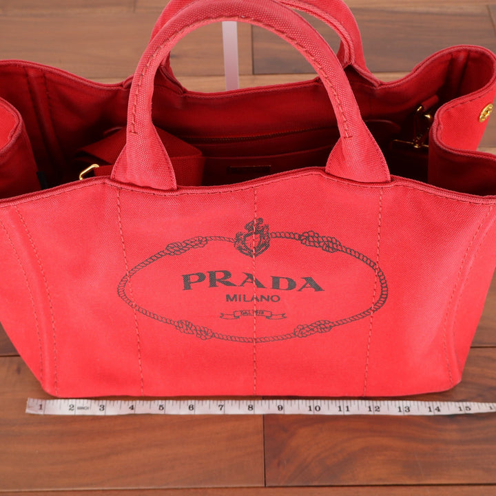 Prada Canapa Tote Bag Red Canvas Logo Handbag Rosso Gold Hardware