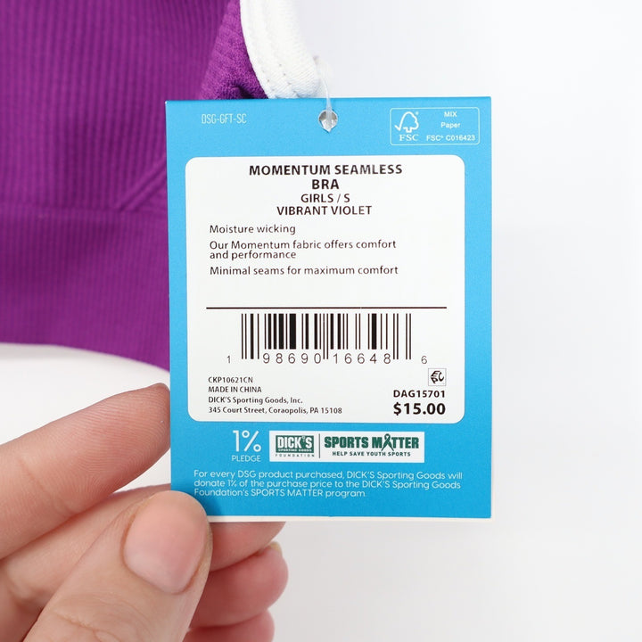 DSG Girls Momentum Seamless Sports Bra Vibrant Violet Purple White Size S 8-9