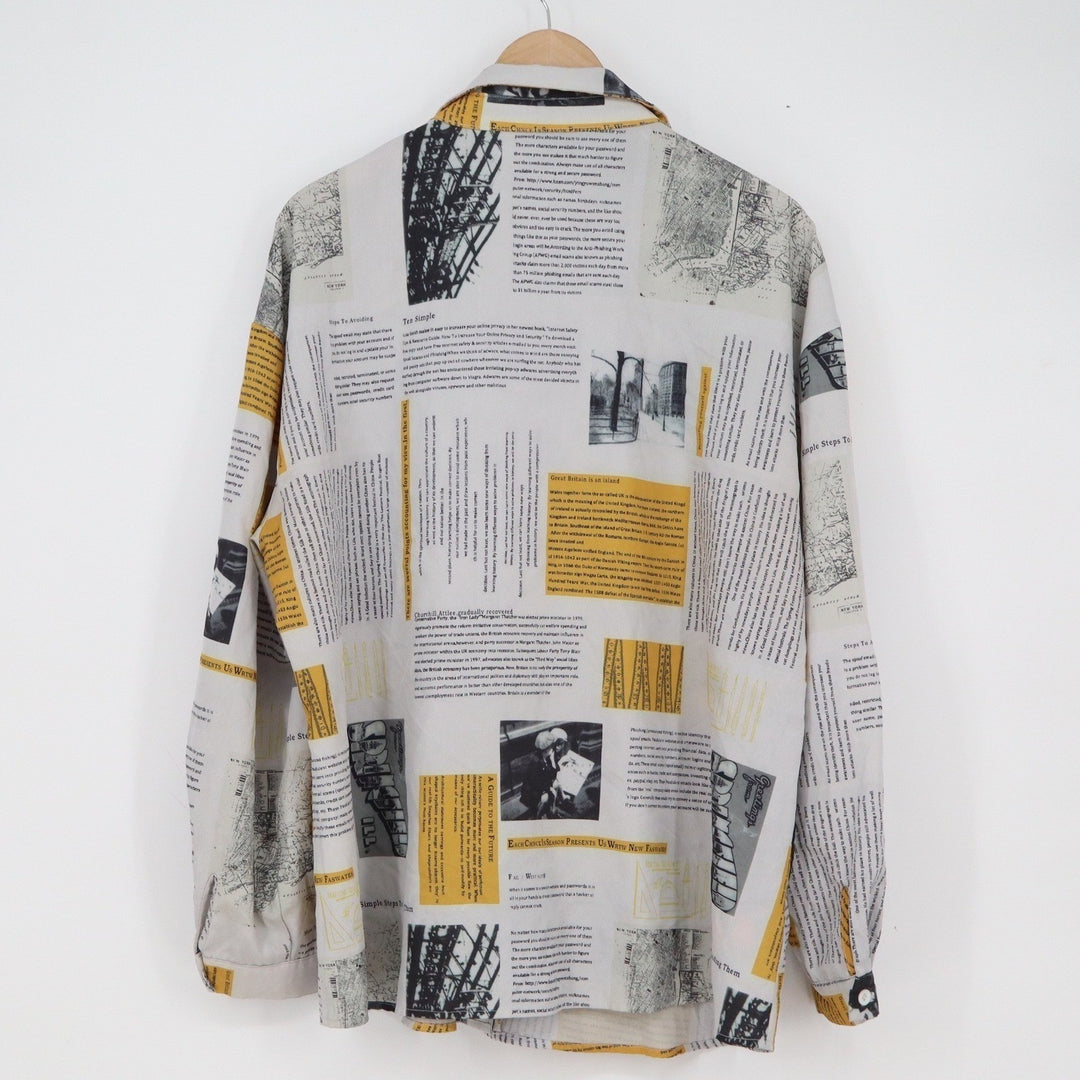 Shein Curve Newspaper Print Button Down Shirt Yellow White 2XL