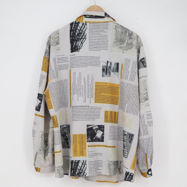 Shein Curve Newspaper Print Button Down Shirt Yellow White 2XL
