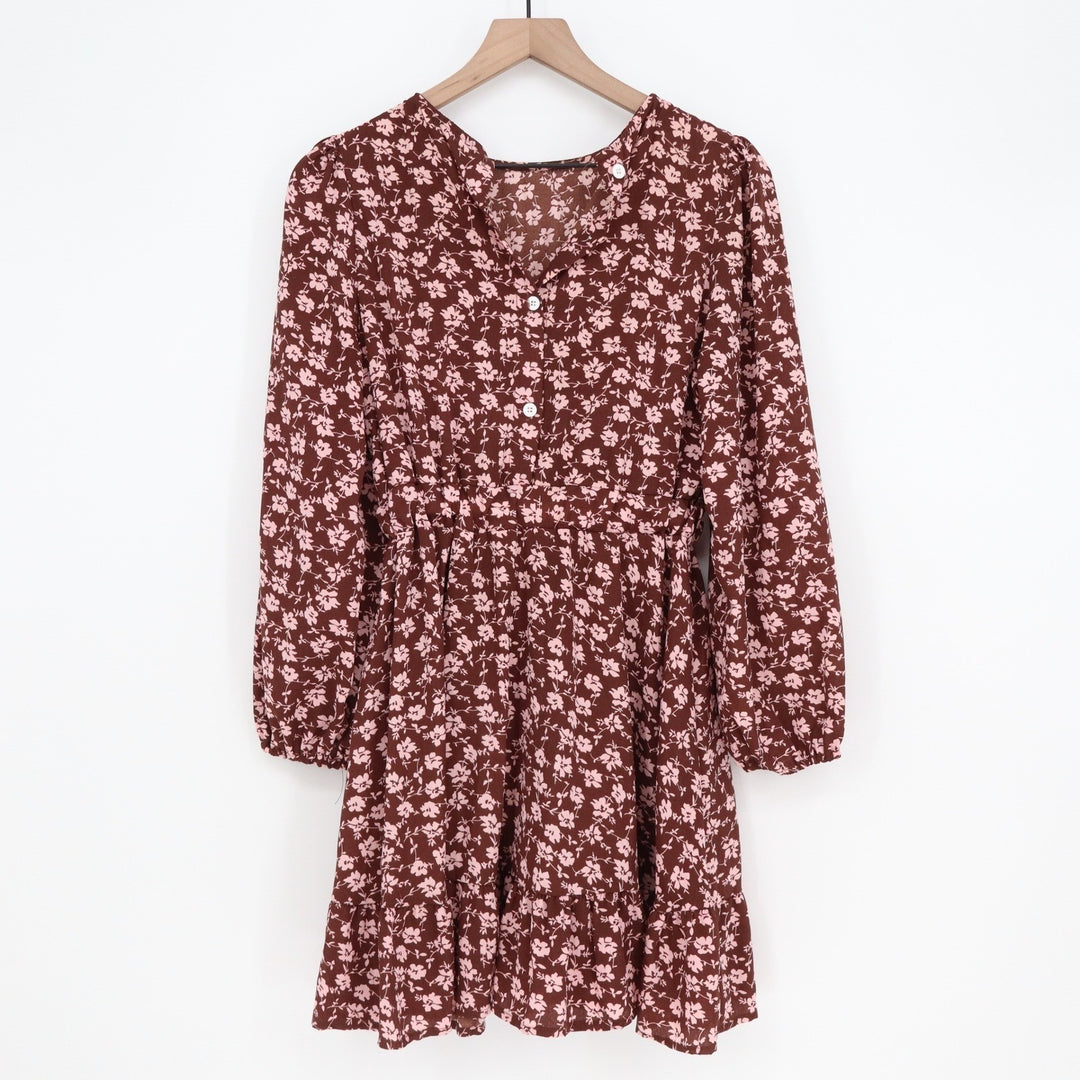 Mdyx Brown Pink Floral Mini Dress Long Sleeve Elastic Waist Tiered Ruffle Hem