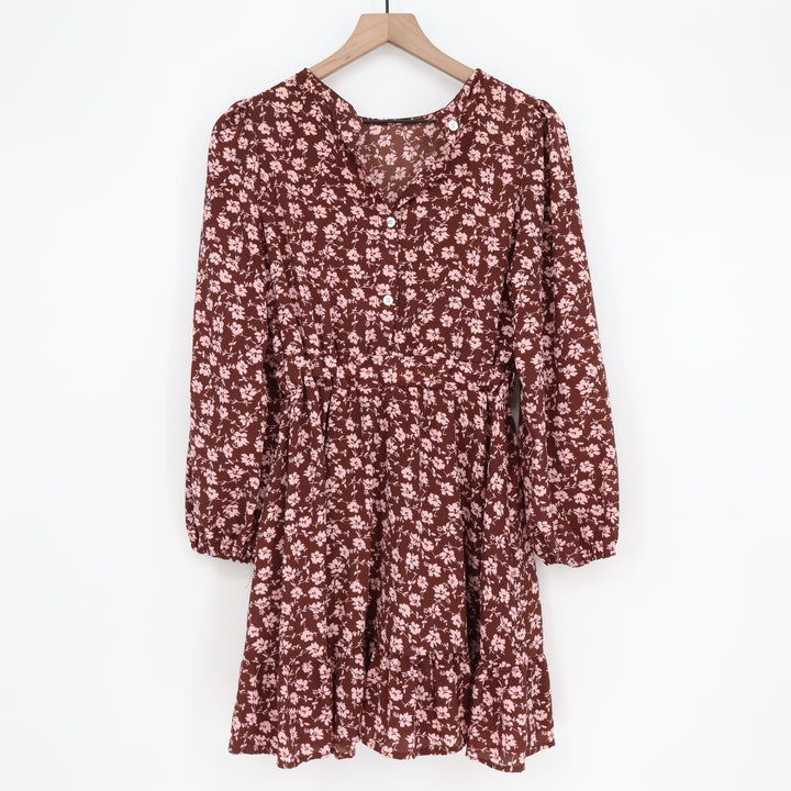 Mdyx Brown Pink Floral Mini Dress Long Sleeve Elastic Waist Tiered Ruffle Hem