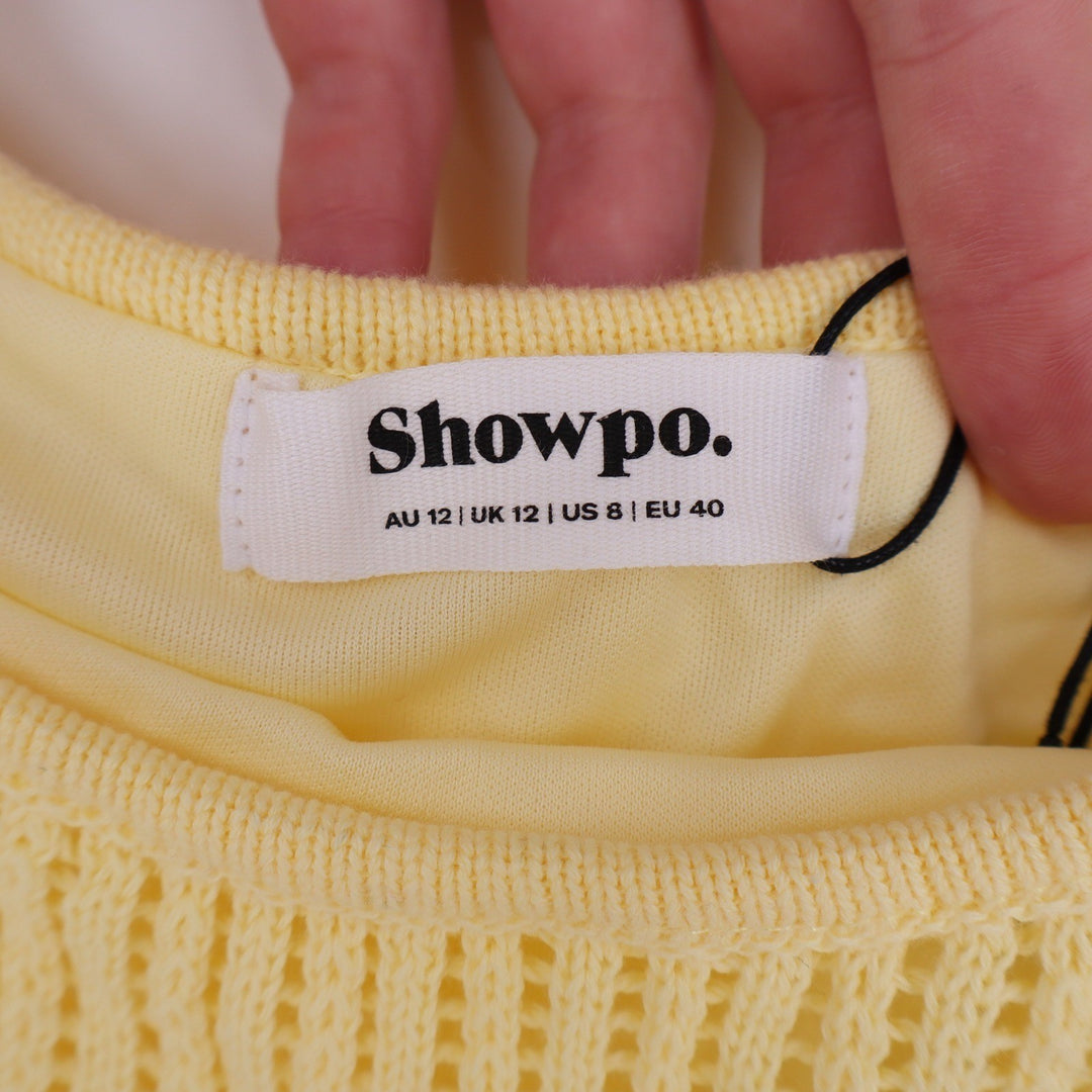Showpo Fhel Maxi Dress Lemon Yellow Crochet Strappy Knit Sundress US 8 PH9475