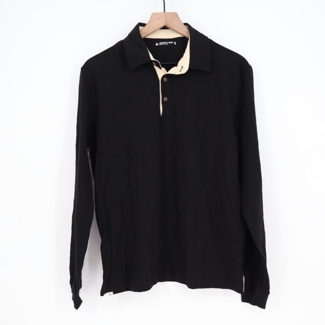 American Giant Long Sleeve Black Polo Shirt Made in USA Size S