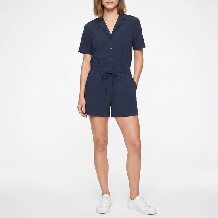 Athleta Brooklyn Romper Navy Blue Button Front Short Sleeve Petite Medium MP