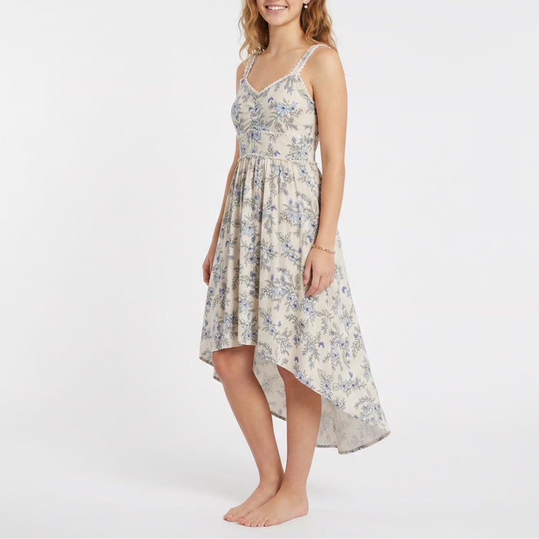 No Boundaries Floral High-Low Sundress Cream Blue Smocked Back Size L 11-13