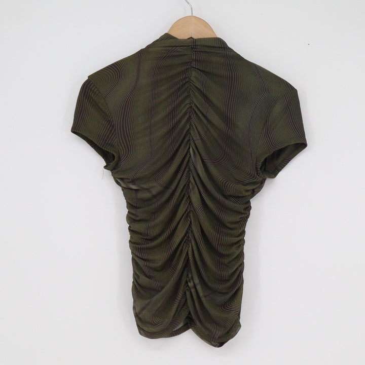 Zara Womens Olive Green Psychedelic Wave Ruched Back Short Sleeve Top Size M
