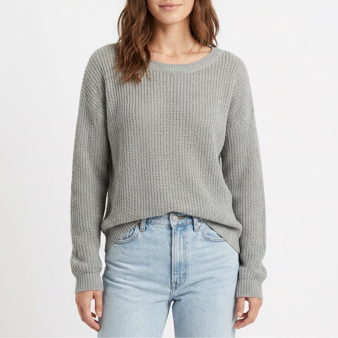 Rubbish Sweater Women Large Gray Cotton Waffle Knit Long Sleeve Crew Neck Winter