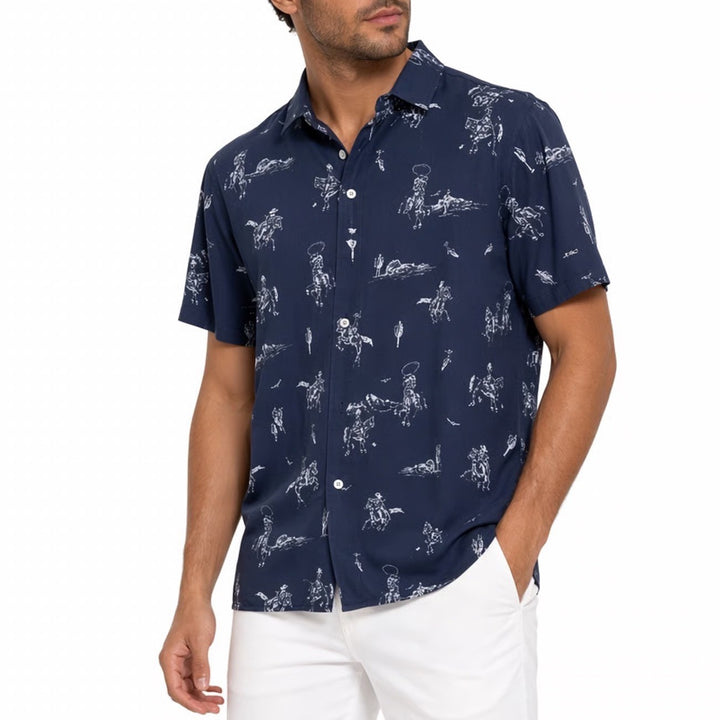 Bad Birdie Mens Yeehaw Core Polo Shirt Navy Blue Cowboy Print S