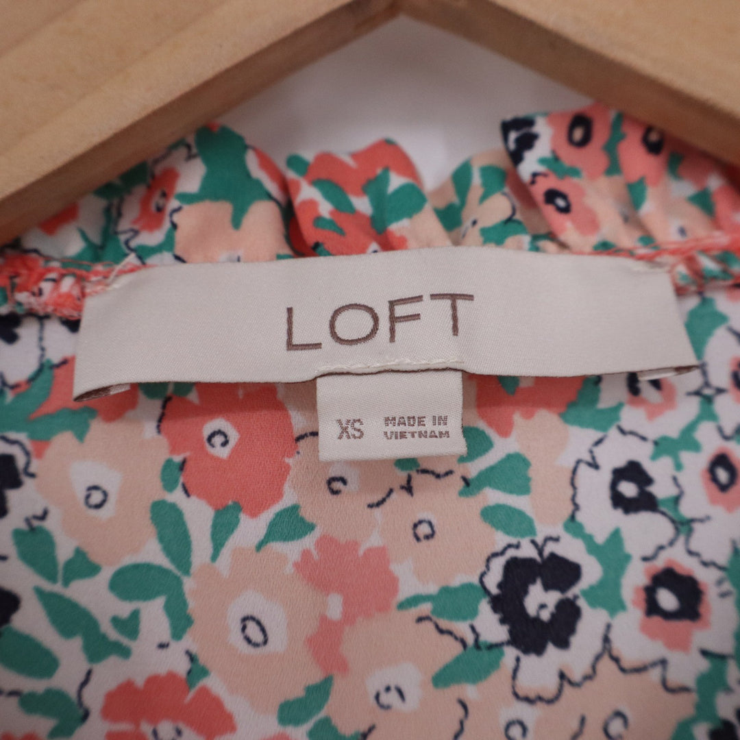 LOFT Womens XS Floral Smocked Ruffle Sleeveless Blouse Coral Teal Split Neck Top