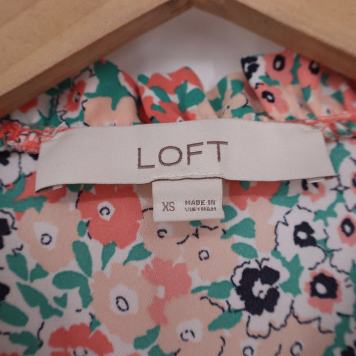 LOFT Womens XS Floral Smocked Ruffle Sleeveless Blouse Coral Teal Split Neck Top