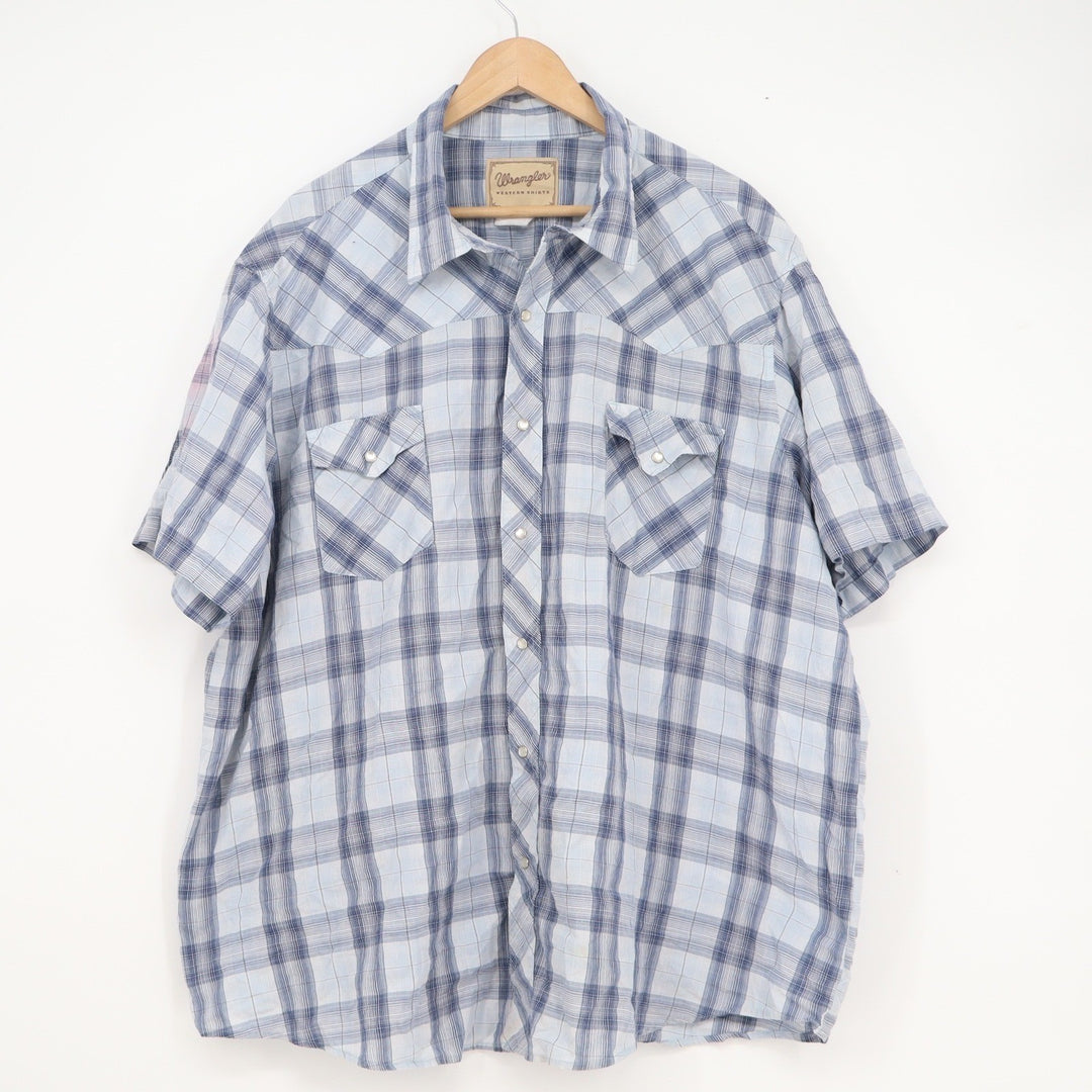 Wrangler Western Shirt Mens Blue White Plaid Pearl Snap Short Sleeve Yoke