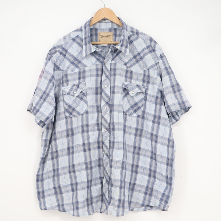 Wrangler Western Shirt Mens Blue White Plaid Pearl Snap Short Sleeve Yoke