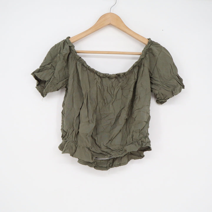 rue21 Womens Olive Green Off The Shoulder Button Front Crop Top Blouse Large