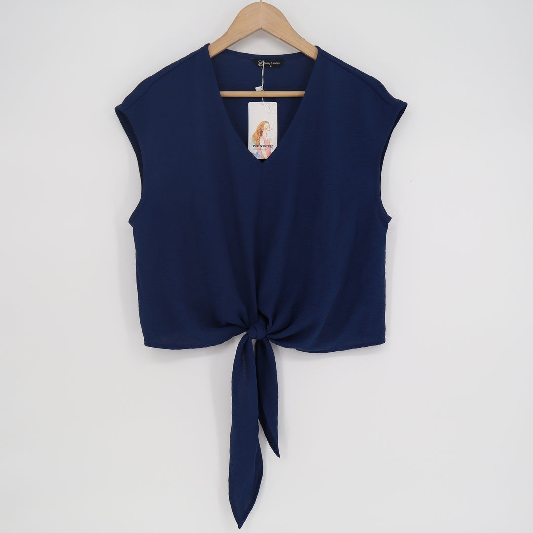 PrettyGarden Navy Blue V-Neck Tie Front Crop Top Smocked Back Blouse Large