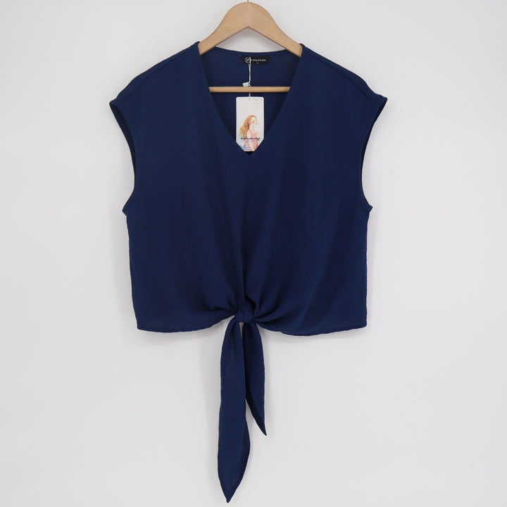 PrettyGarden Navy Blue V-Neck Tie Front Crop Top Smocked Back Blouse Large