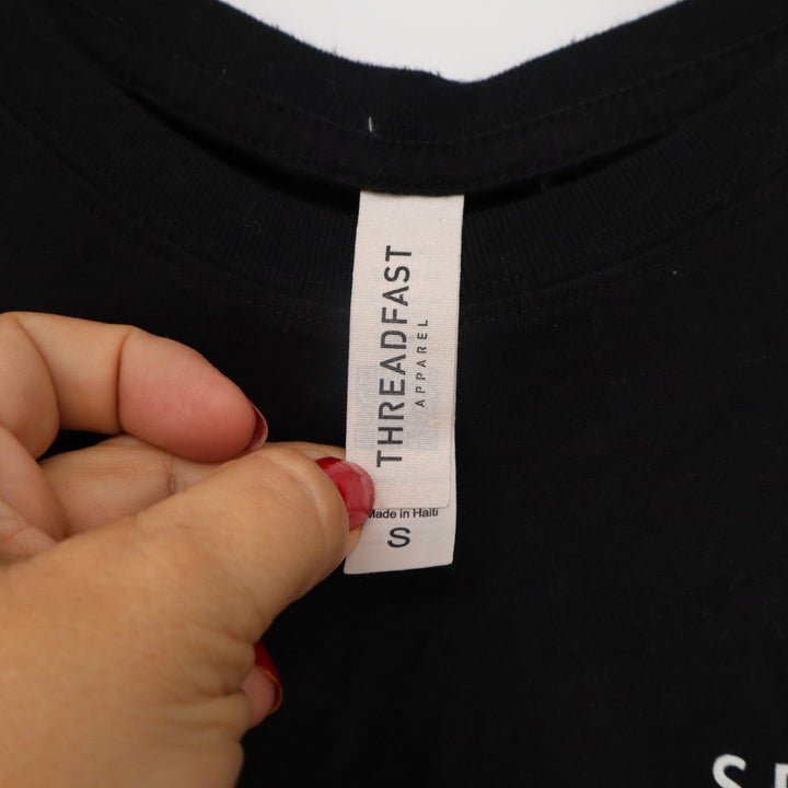 Sephora Threadfast Apparel Black Graphic T-Shirt Logo Sleeve Stripe Small