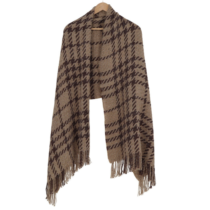 C.C Brown Tan Plaid Fuzzy Knit Fringe Shawl Wrap Oversized Scarf