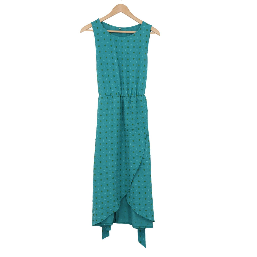 Teal Swiss Dot Sleeveless Tulip Wrap Midi Dress with Tie Waist Large